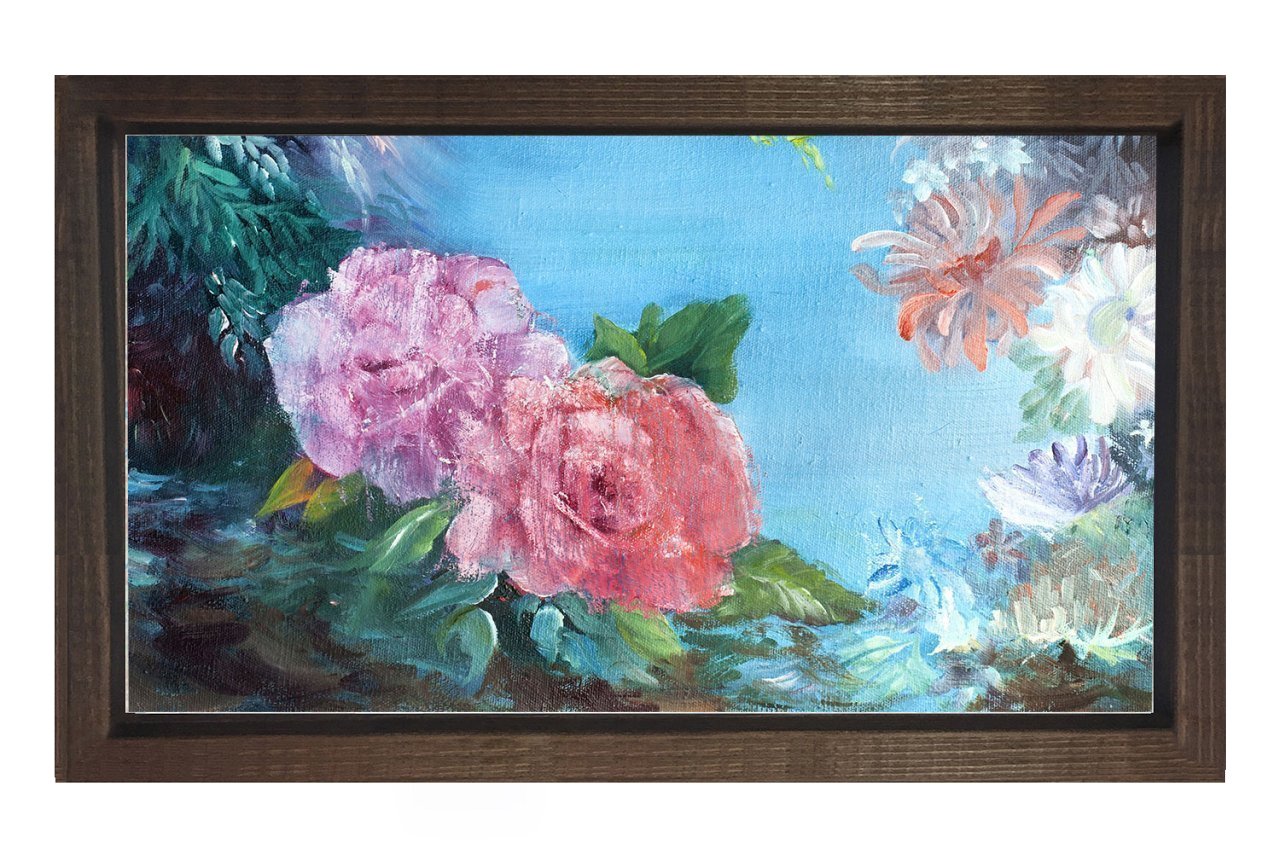 Gül ve Çiçekler Manzara Tablosu Kahverengi Ahşap Çerçeve - 50x90