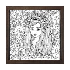 Güzel Kız Ve Çiçekli Desen Tablosu Kahverengi Ahşap Çerçeve - 40x40