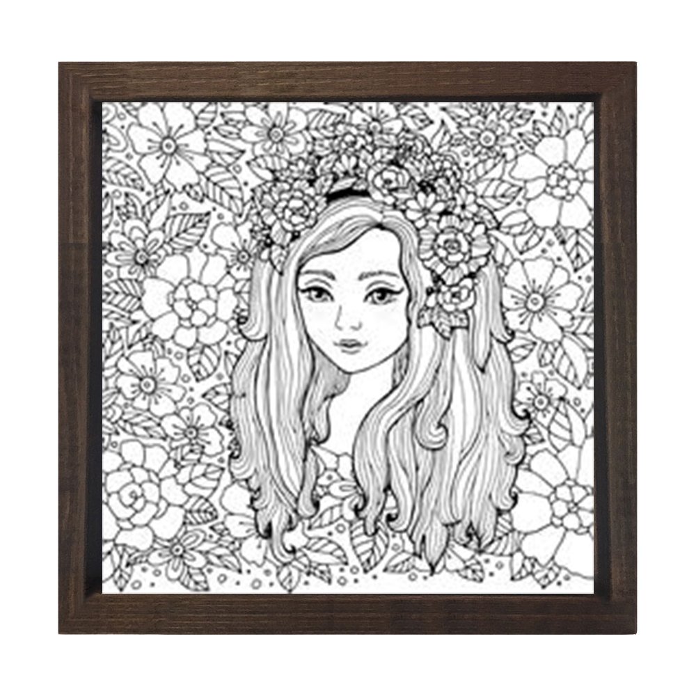 Güzel Kız Ve Çiçekli Desen Tablosu Kahverengi Ahşap Çerçeve - 50x50