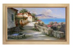 Taş Evler ve Deniz Tablosu Naturel Ahşap Çerçeve - 40x60
