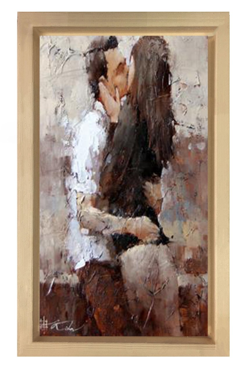 Öpüşen Çift Tablosu Naturel Ahşap Çerçeve - 70x100