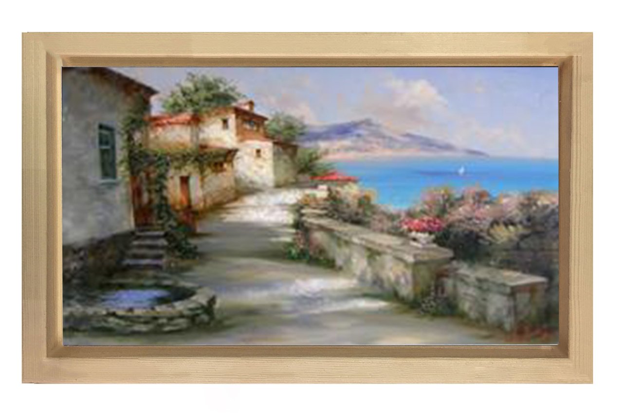 Taş Evler ve Deniz Tablosu Naturel Ahşap Çerçeve - 50x90