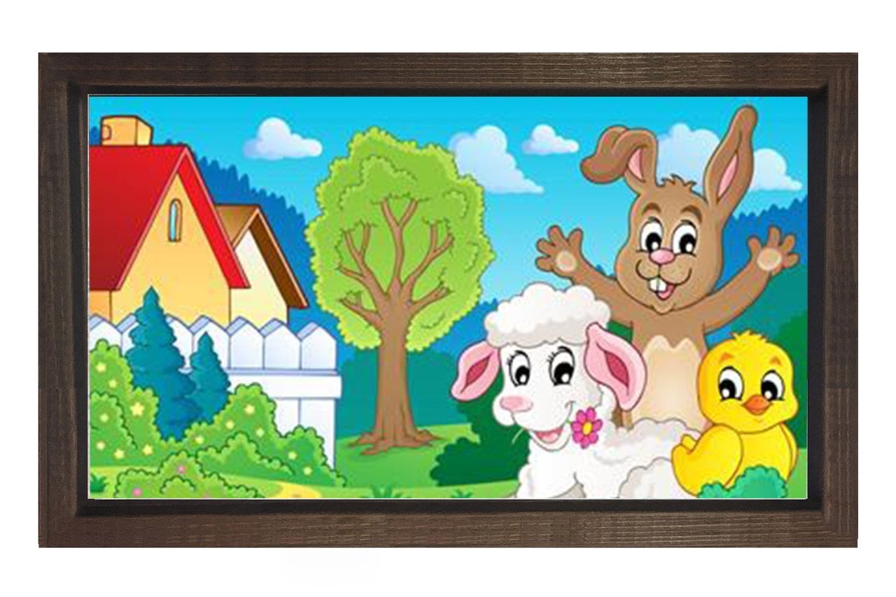 Sevimli Hayvanlar Ve Ev Tablosu Kahverengi Ahşap Çerçeve - 70x100