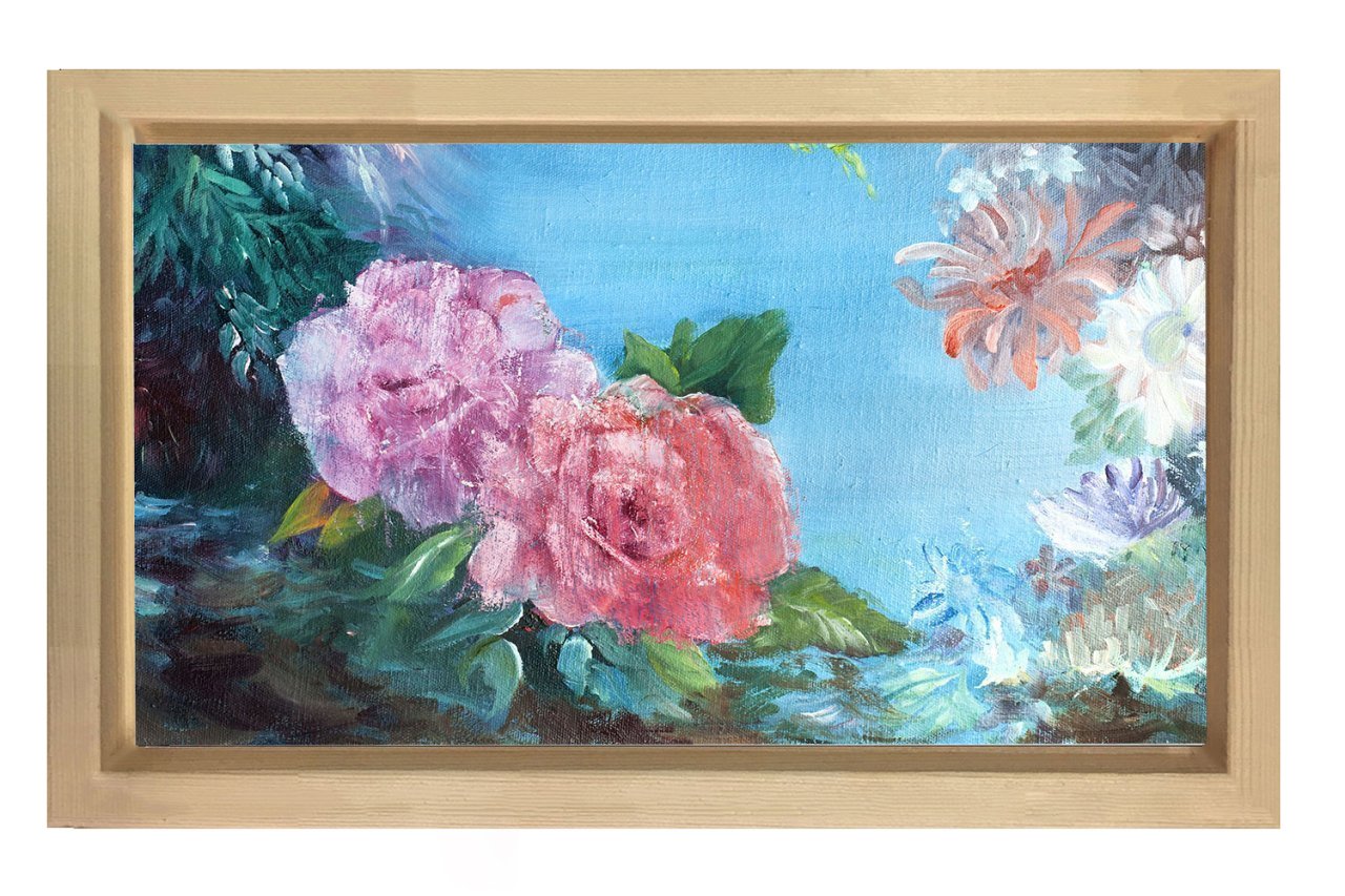Gül ve Çiçekler Manzara Tablosu Naturel Ahşap Çerçeve - 50x70