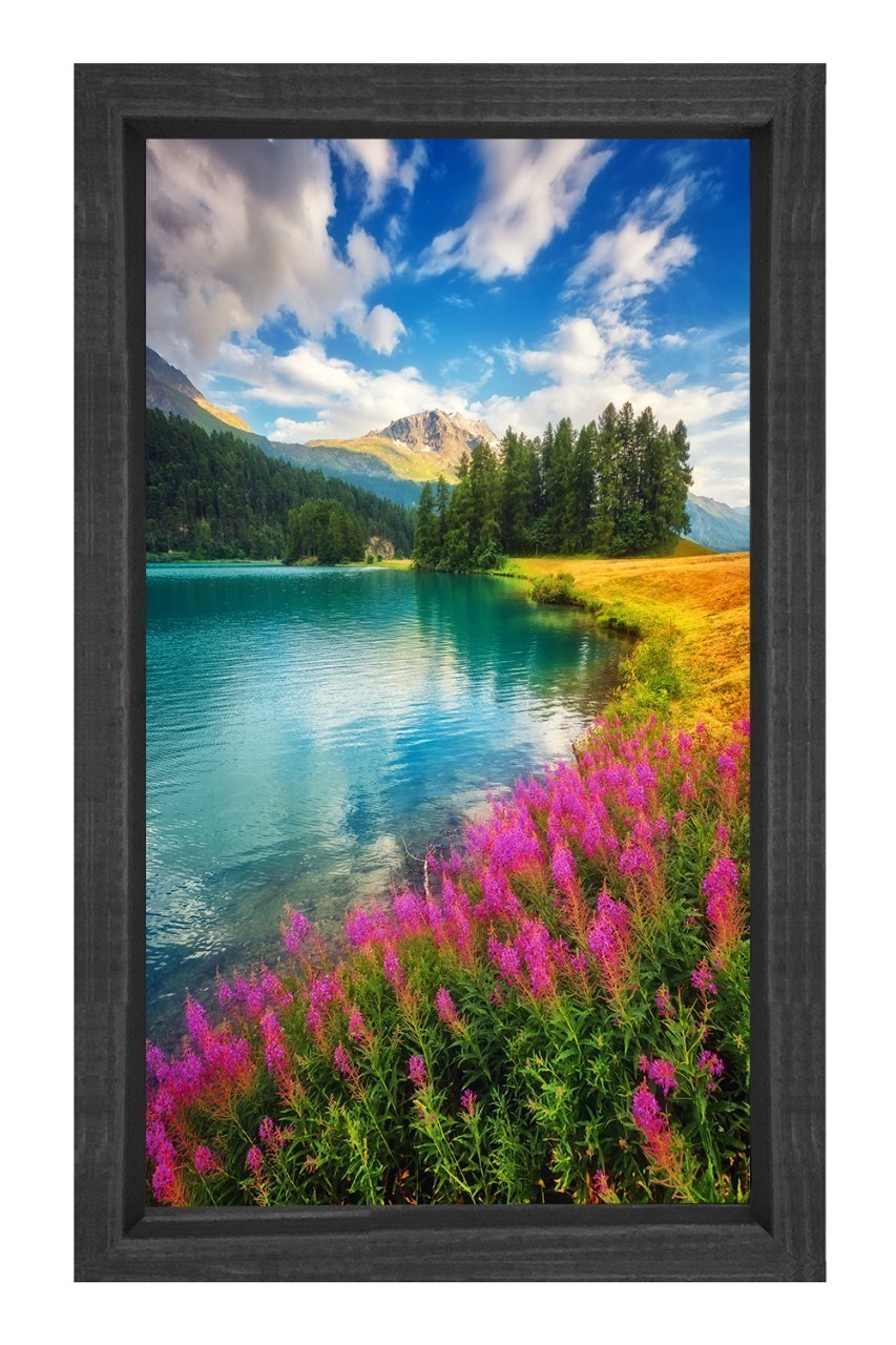 Pembe Çiçekli Göl Manzarası Tablosu Siyah Ahşap - 70x100