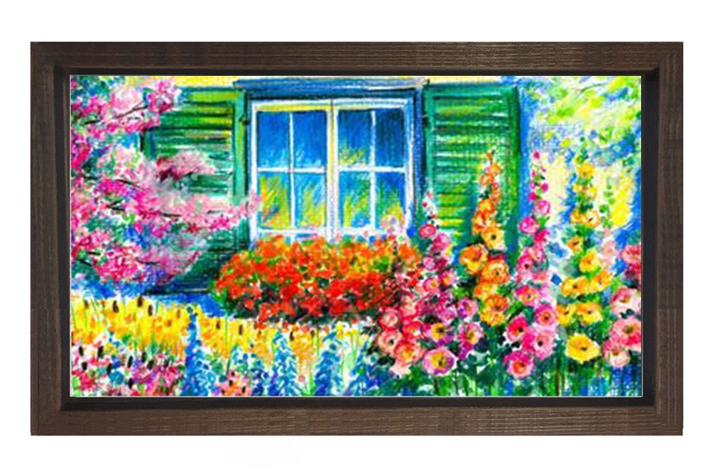 Çiçekli Pencere Tablosu Kahverengi Ahşap Çerçeve - 40x60