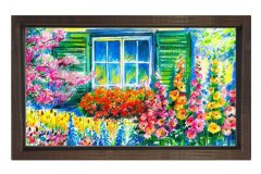 Çiçekli Pencere Tablosu Kahverengi Ahşap Çerçeve - 40x60