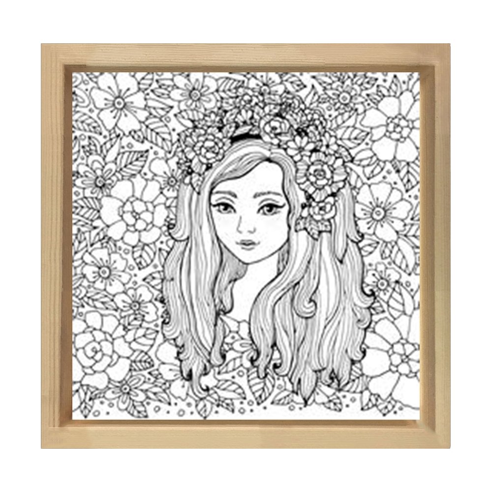 Güzel Kız Ve Çiçekli Desen Tablosu Naturel Ahşap Çerçeve - 40x40