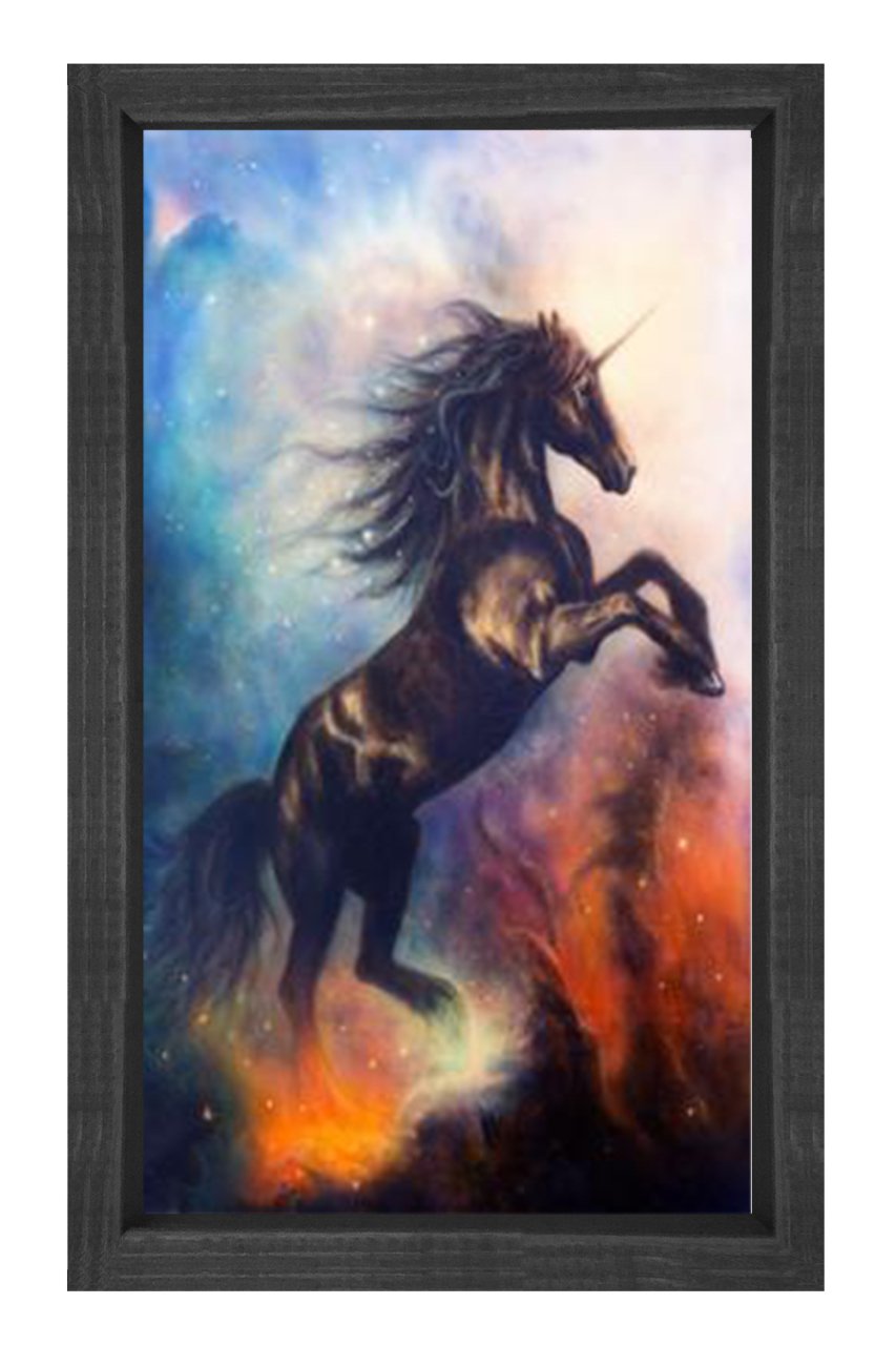 Boynuzlu At Reprödiksiyon Tablosu Siyah Ahşap Çerçeve - 40x60