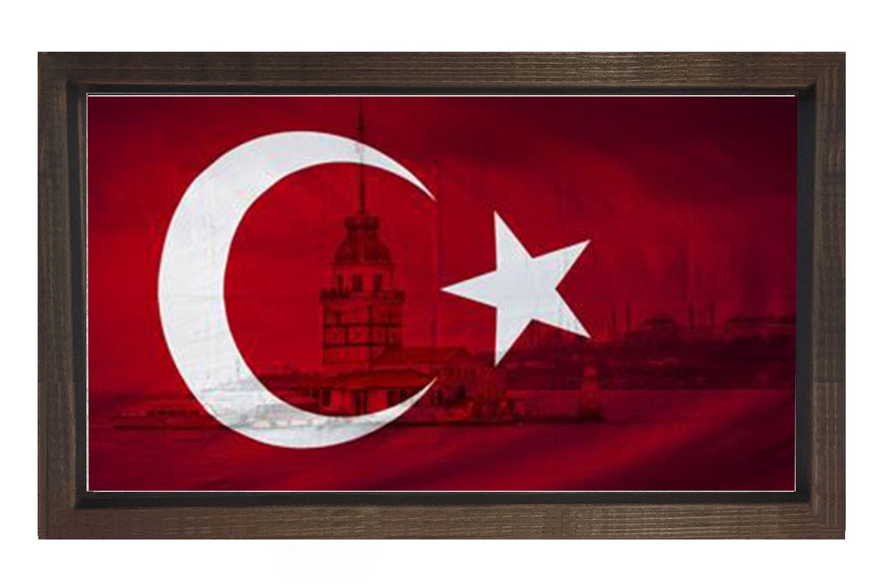 Türk Bayrağı Kız kulesi Tablosu Kahverengi Ahşap Çerçeve - 50x90