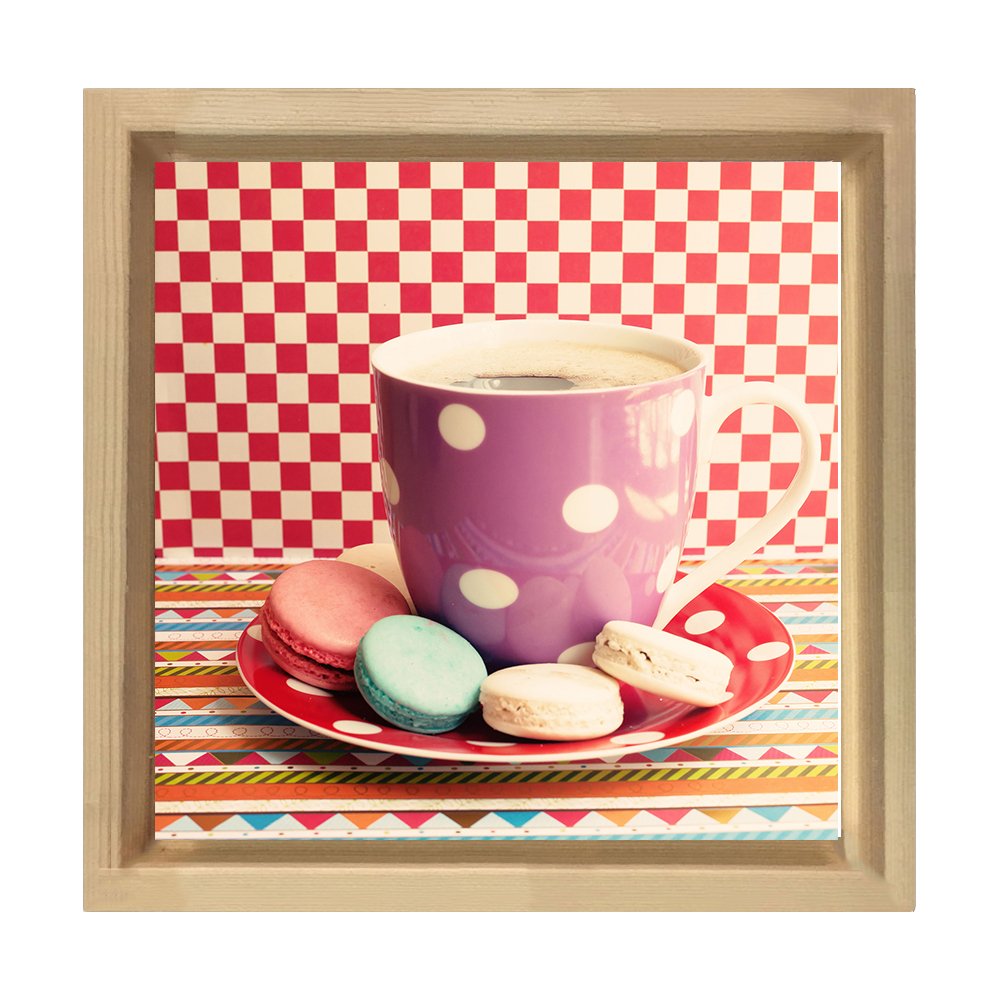 Renkli Kahve Kupa   Makaronlar Tablosu Naturel Ahşap Çerçeve - 60x60