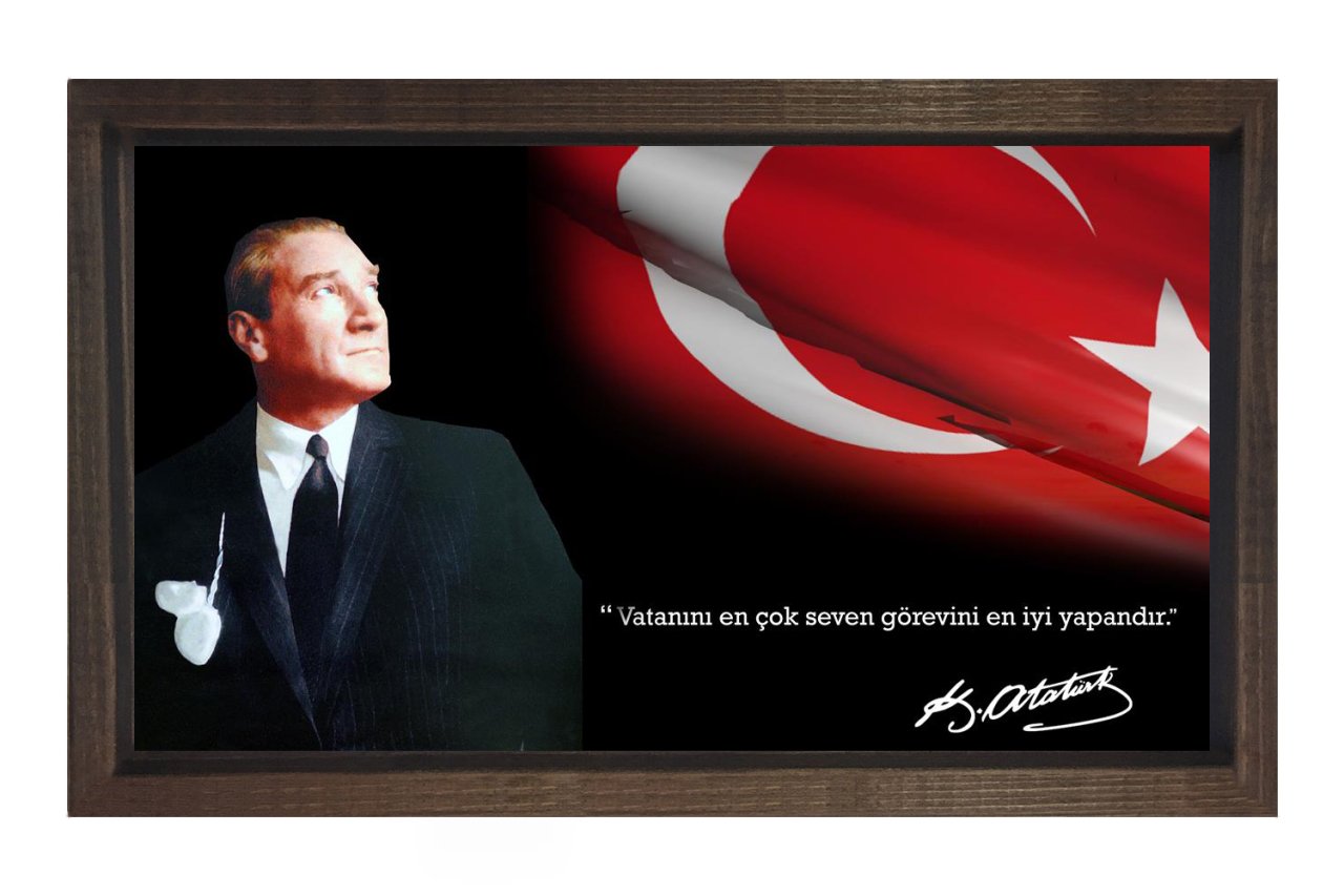 Atatürk ve Bayrak Tablosu Kahverengi Ahşap Çerçeve - 45x30