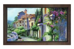 Çiçekli Kasaba Yolu Tablosu Kahverengi Ahşap - 45x30