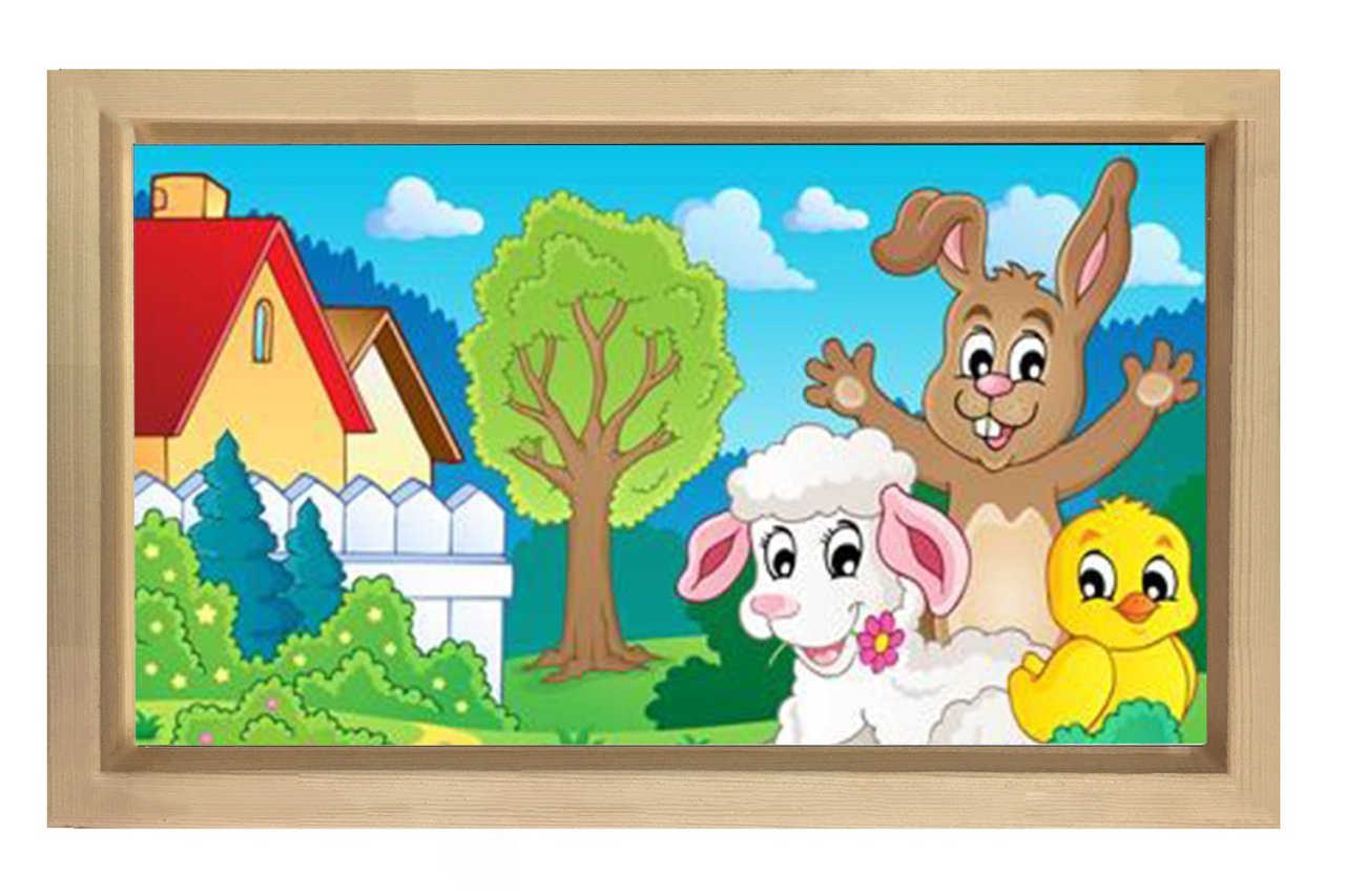 Sevimli Hayvanlar Ve Ev Tablosu Naturel Ahşap Çerçeve - 70x100