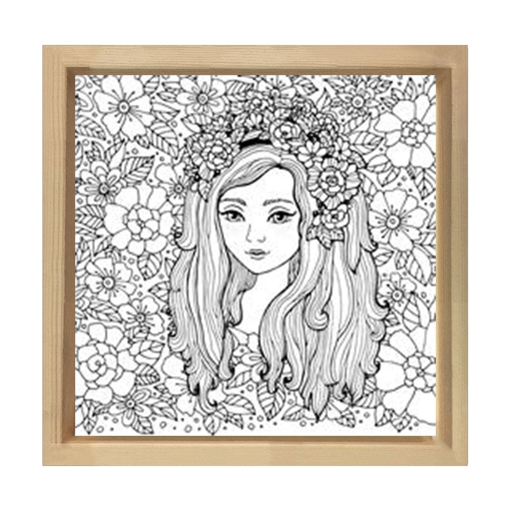 Güzel Kız Ve Çiçekli Desen Tablosu Naturel Ahşap Çerçeve - 100x100
