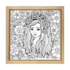 Güzel Kız Ve Çiçekli Desen Tablosu Naturel Ahşap Çerçeve - 100x100
