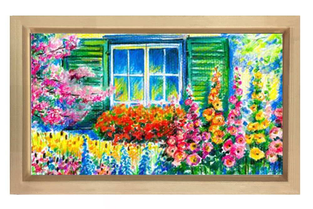 Çiçekli Pencere Tablosu Naturel Ahşap Çerçeve - 40x60