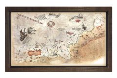 Piri Reis ve Haritası Tablosu Kahverengi Ahşap Çerçeve - 70x100