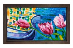 Kayık Ve Pembe Güller Tablosu Kahverengi Ahşap Çerçeve - 100x150