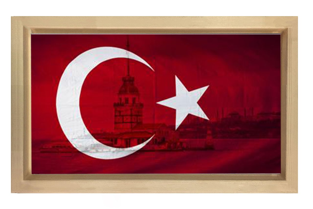 Türk Bayrağı Kız kulesi Tablosu Naturel Ahşap Çerçeve - 50x70