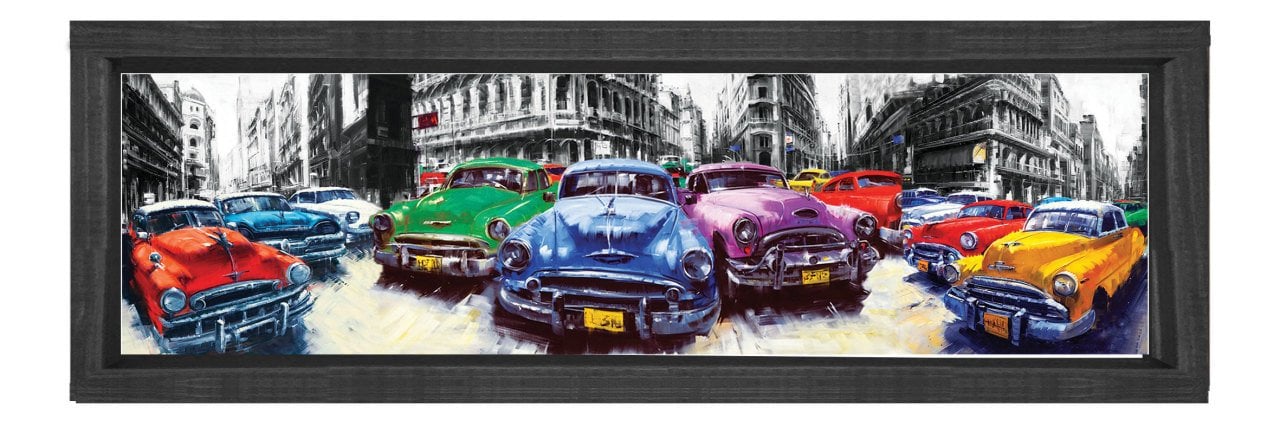 Classic Arabalar Tablosu Siyah Ahşap Çerçeve - 150x50