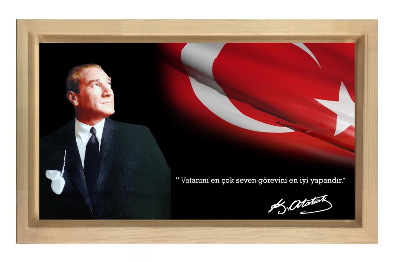Atatürk ve Bayrak Tablosu Naturel Ahşap Çerçeve - 45x30