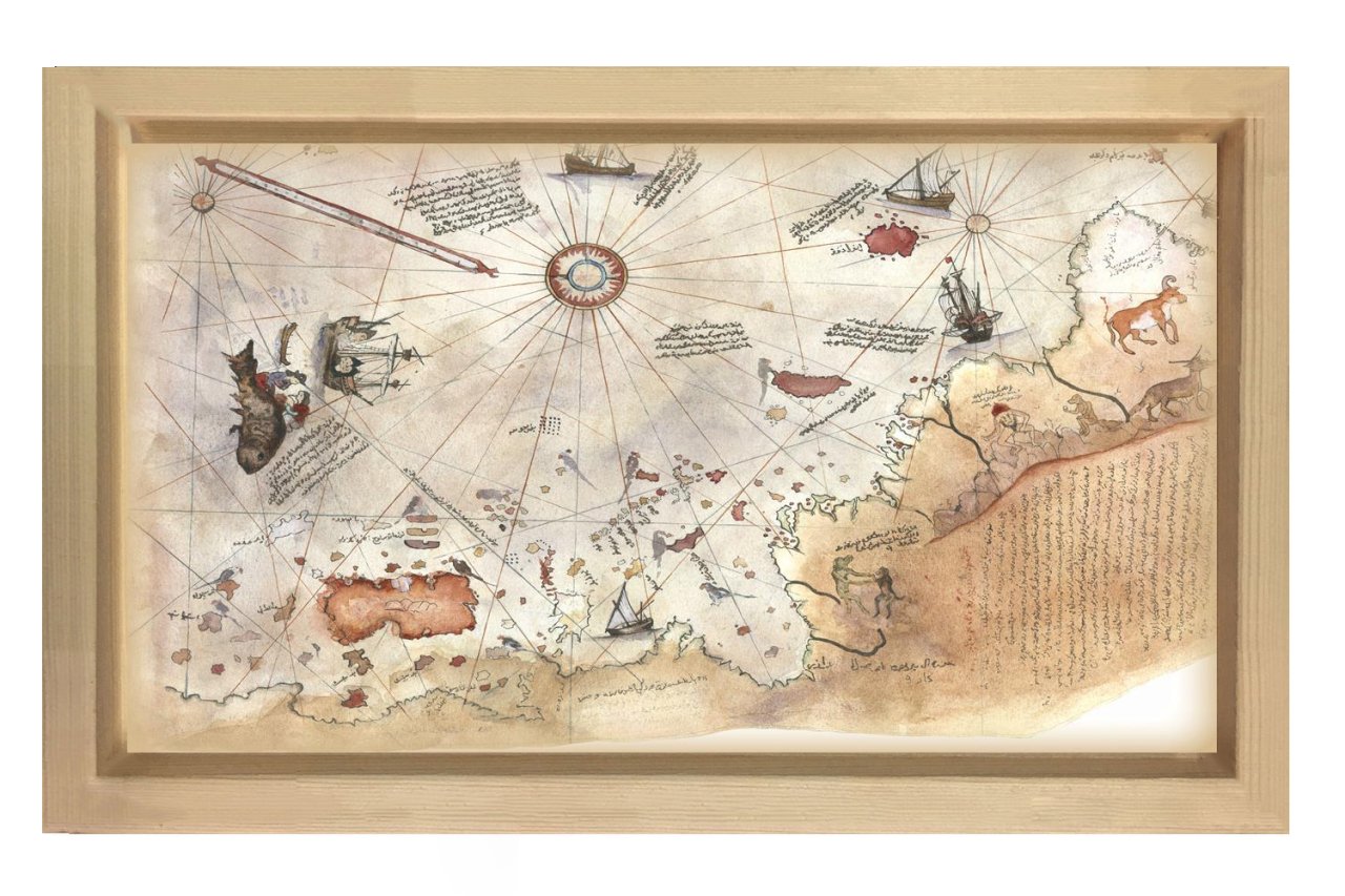Piri Reis ve Haritası Tablosu Naturel Ahşap Çerçeve - 40x60