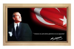 Atatürk ve Bayrak Tablosu Naturel Ahşap Çerçeve - 50x90