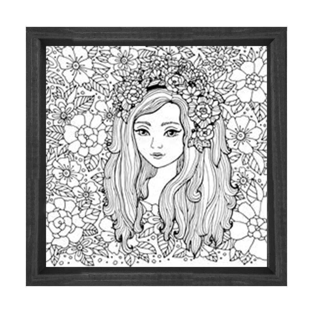 Güzel Kız Ve Çiçekli Desen Tablosu Siyah Ahşap Çerçeve - 90x90