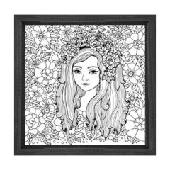 Güzel Kız Ve Çiçekli Desen Tablosu Siyah Ahşap Çerçeve - 90x90