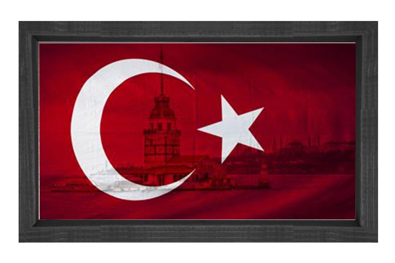 Türk Bayrağı Kız kulesi Tablosu Siyah Ahşap Çerçeve - 45x30