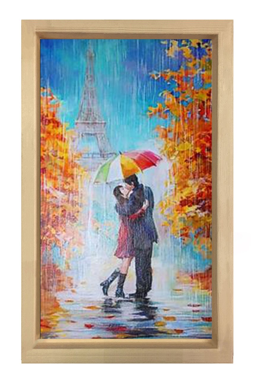 Eiffel Kulesi Ve Çift Tablosu Naturel Ahşap Çerçeve - 45x30