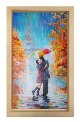 Eiffel Kulesi Ve Çift Tablosu Naturel Ahşap Çerçeve - 45x30