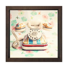 Vintage Eski Telefon Tablosu Kahverengi Ahşap Çerçeve - 30x30