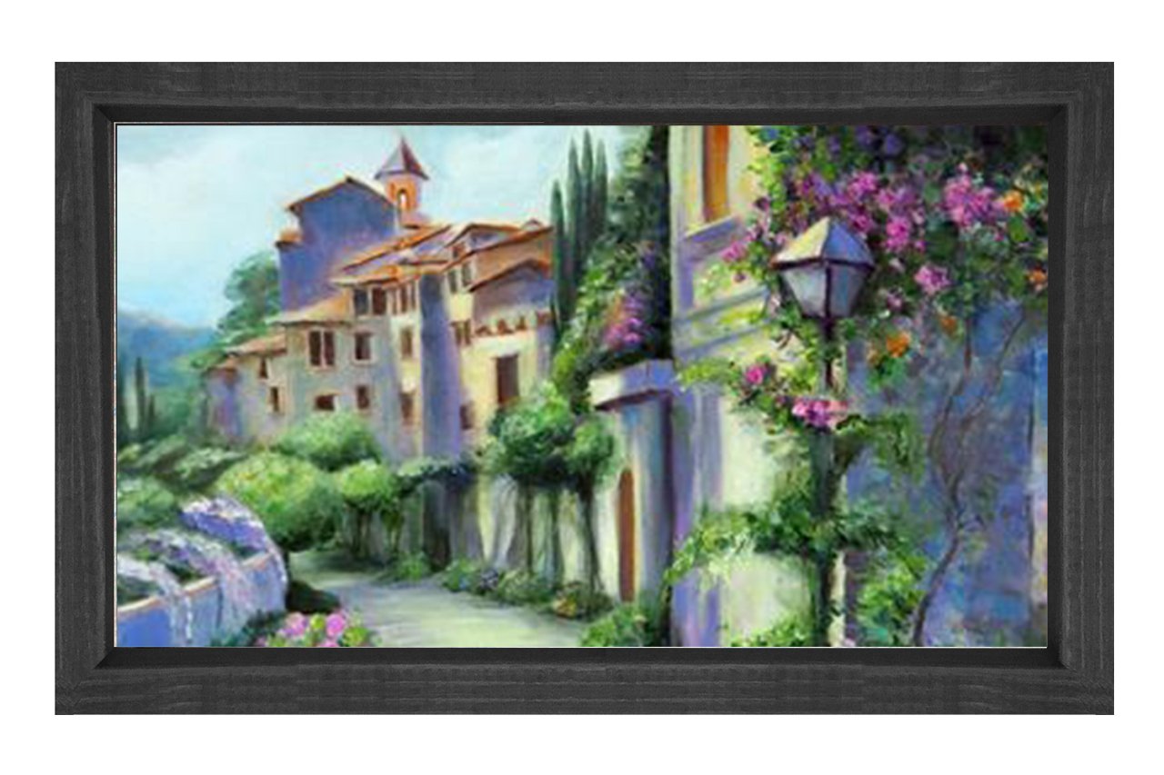 Çiçekli Kasaba Yolu Tablosu Siyah Ahşap - 40x60