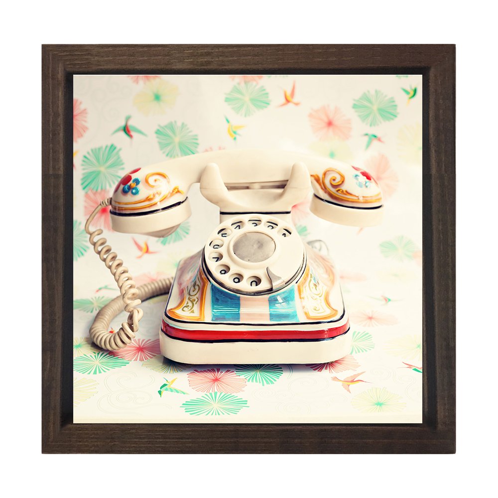 Vintage Eski Telefon Tablosu Kahverengi Ahşap Çerçeve - 60x60