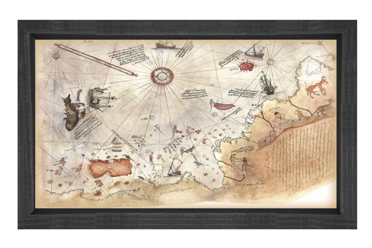 Piri Reis ve Haritası Tablosu Siyah Ahşap Çerçeve - 45x30