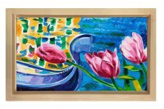 Kayık Ve Pembe Güller Tablosu Naturel Ahşap Çerçeve - 50x70
