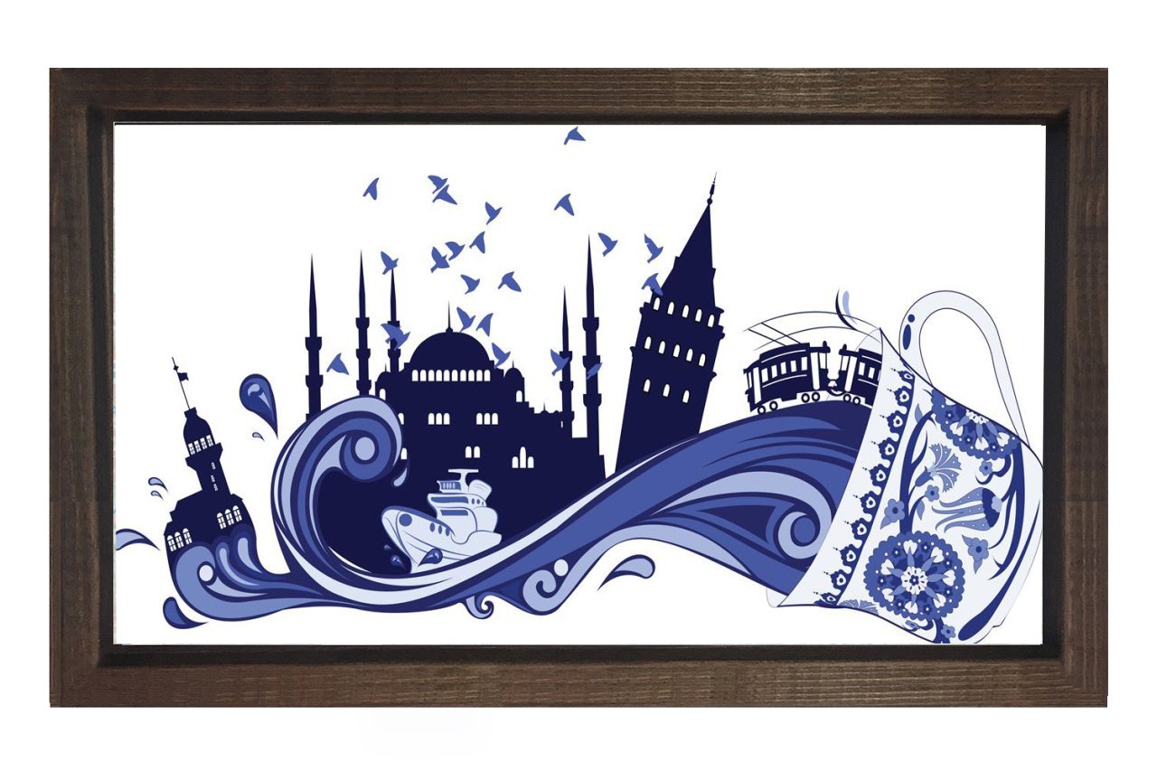 İstanbul Vektörel Tablosu Kahverengi Ahşap Çerçeve - 40x60