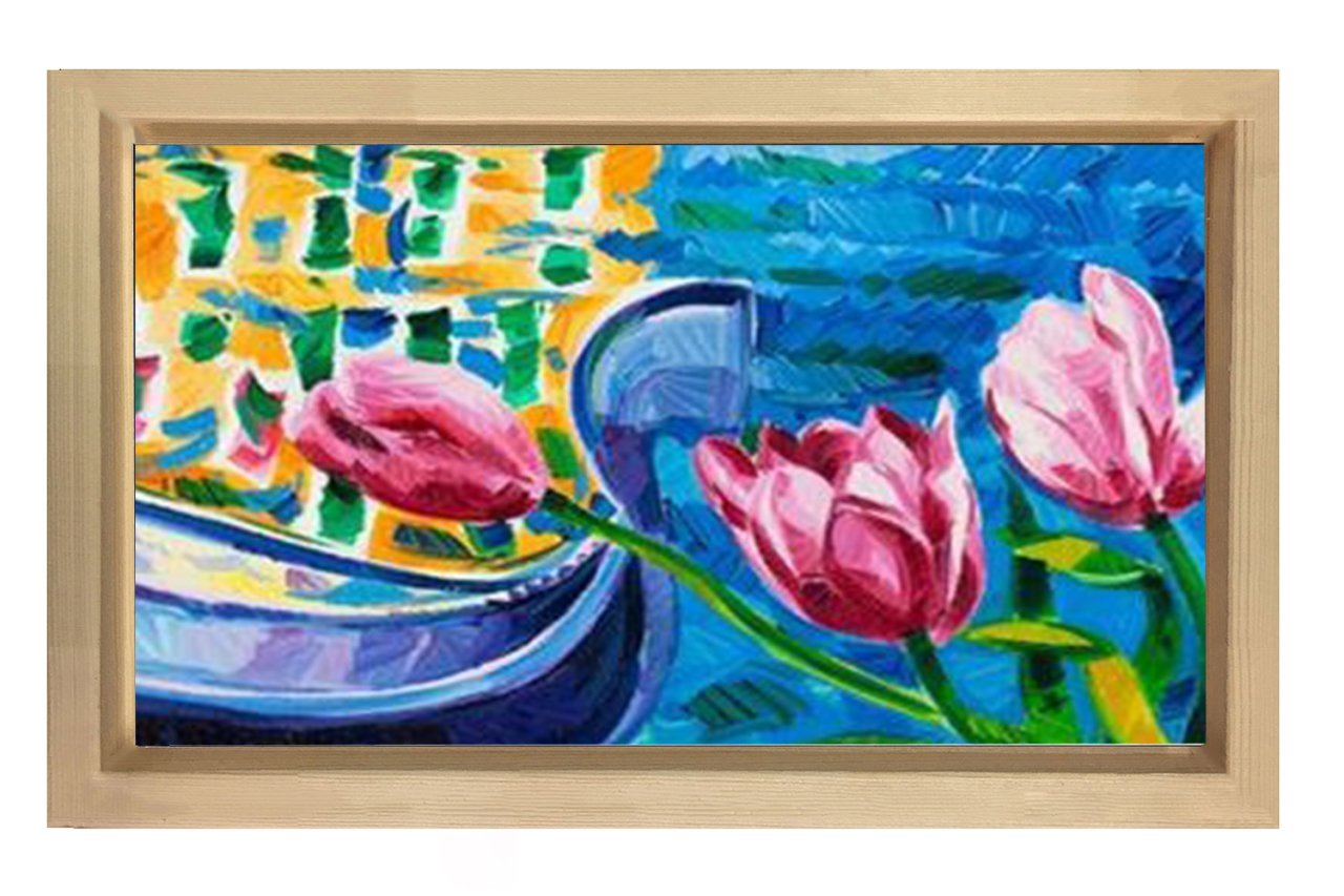 Kayık Ve Pembe Güller Tablosu Naturel Ahşap Çerçeve - 50x90