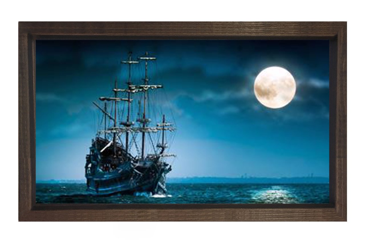 Işıklı Gemi Tablosu Tablosu Kahverengi Ahşap Çerçeve - 45x30