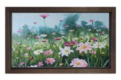 Pembe Beyaz Çiçekler Tablosu Kahverengi Ahşap - 50x90
