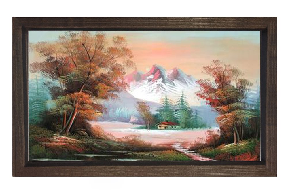 Köy Evi Ve Dağ Manzarası Tablosu Kahverengi Ahşap Çerçeve - 45x30