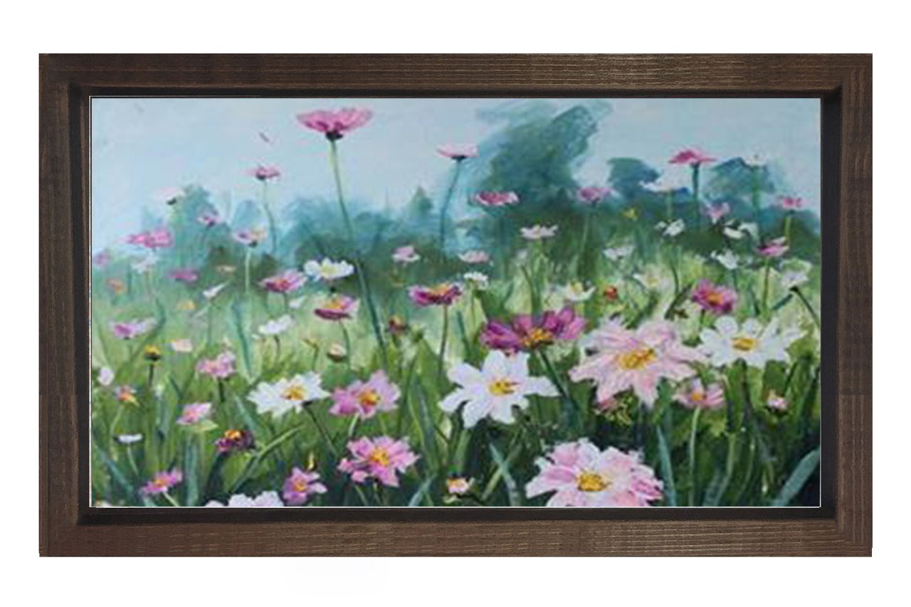 Pembe Beyaz Çiçekler Tablosu Kahverengi Ahşap - 70x100