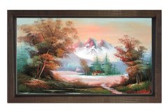 Köy Evi Ve Dağ Manzarası Tablosu Kahverengi Ahşap Çerçeve - 50x70