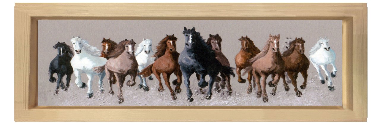 Koşan Atlar Tablosu Naturel Ahşap Çerçeve - 150x50