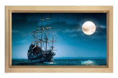 Işıklı Gemi Tablosu Tablosu Naturel Ahşap Çerçeve - 100x150