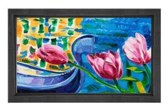 Kayık Ve Pembe Güller Tablosu Siyah Ahşap Çerçeve - 45x30