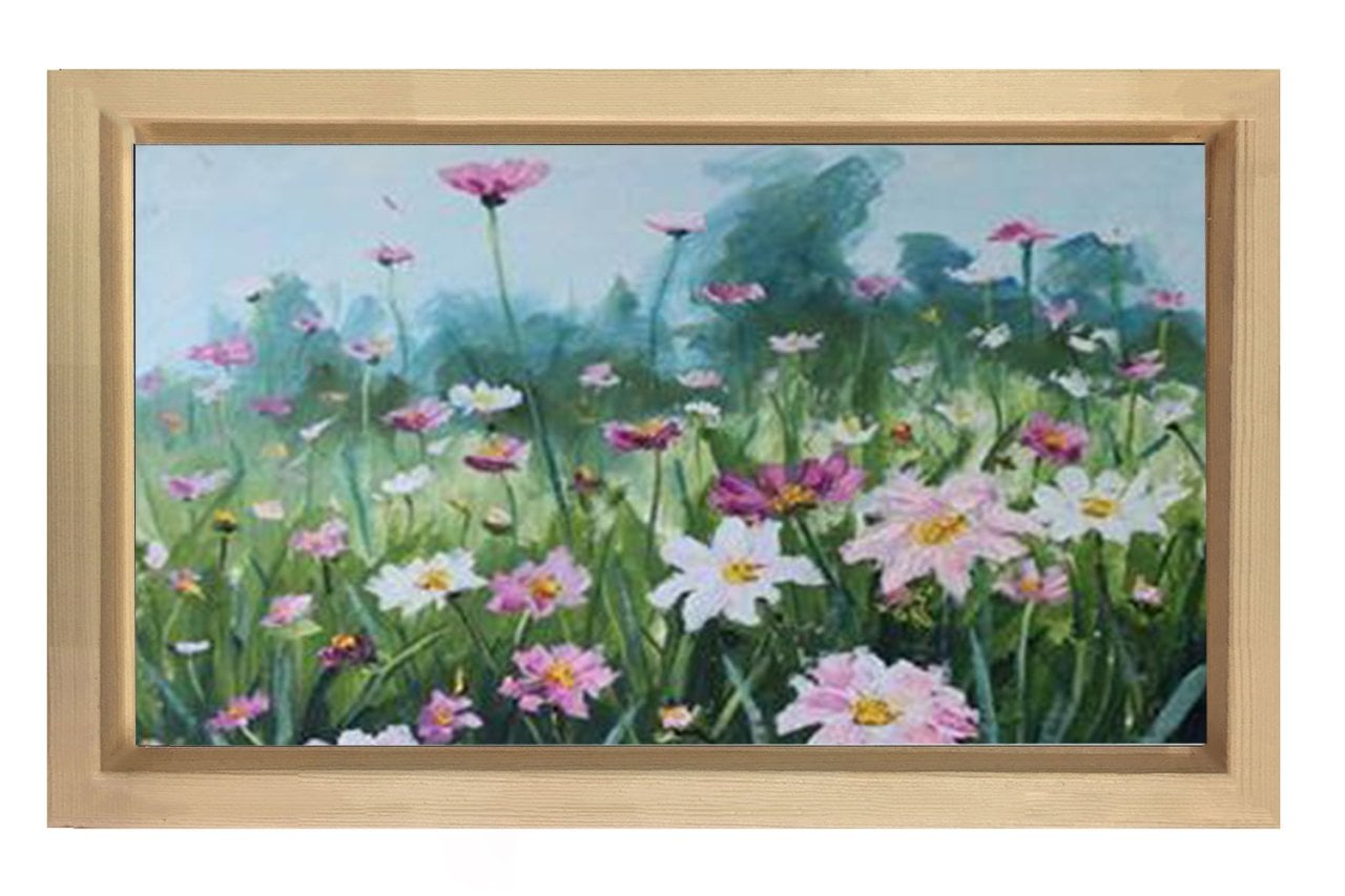 Pembe Beyaz Çiçekler Tablosu Naturel Ahşap - 45x30