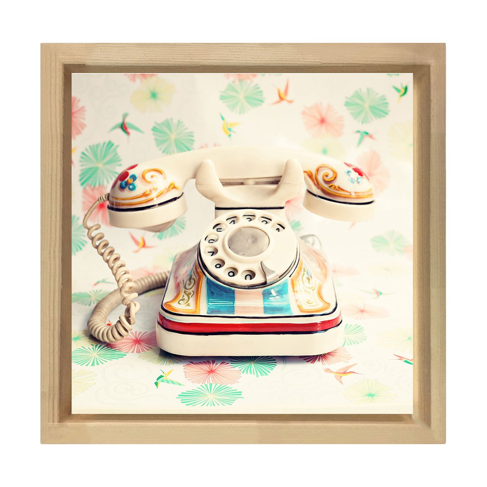 Vintage Eski Telefon Tablosu Naturel Ahşap Çerçeve - 60x60